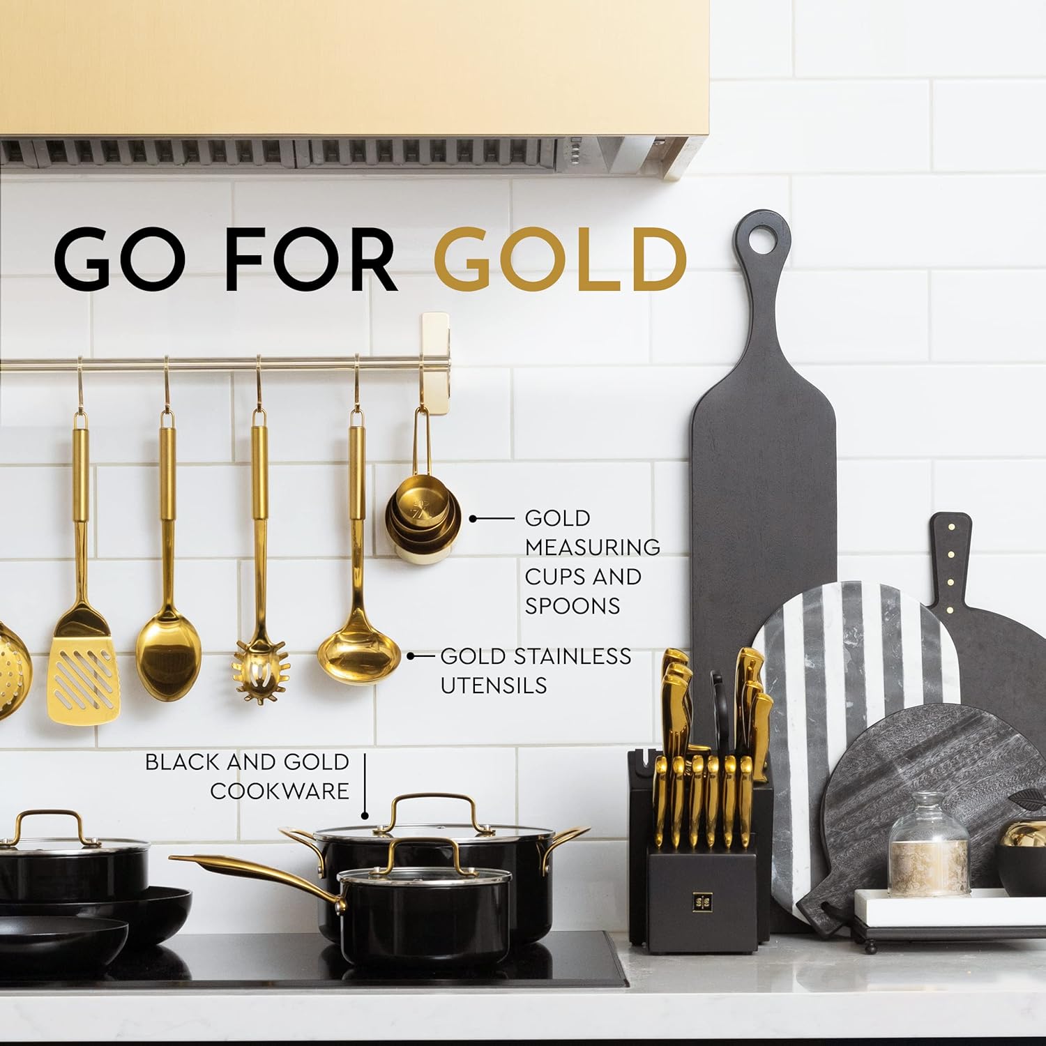 19 Piece Black and Gold Knife Set with Block Self Sharpening and Cooking Utensils Set K3755