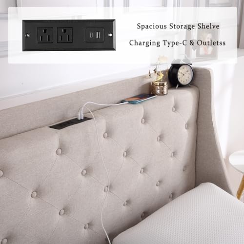 Full Size Upholstered Platform Bed with Button Tufted Storage Headboard and 4 Storage Drawers D33693