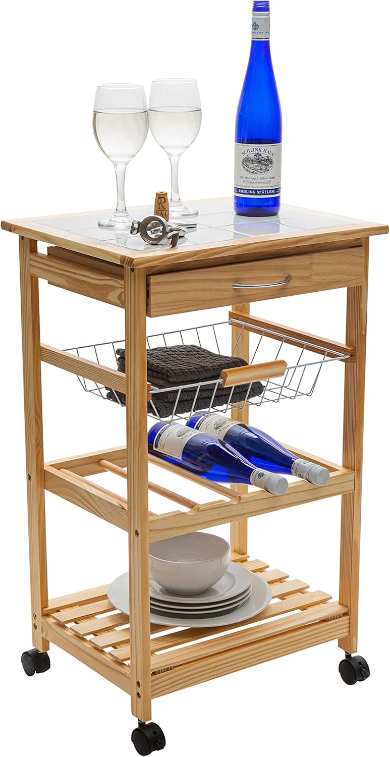 Natural Pinewood Mobile Kitchen Cart with Tile Top V795087