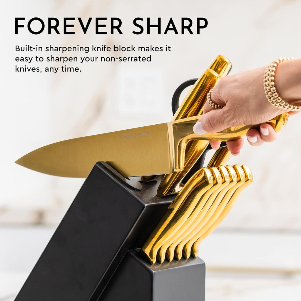 19 Piece Black and Gold Knife Set with Block Self Sharpening and Cooking Utensils Set K3755