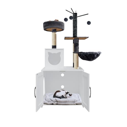Grey Wood Cat Tree with Litter Box Enclosure A89987