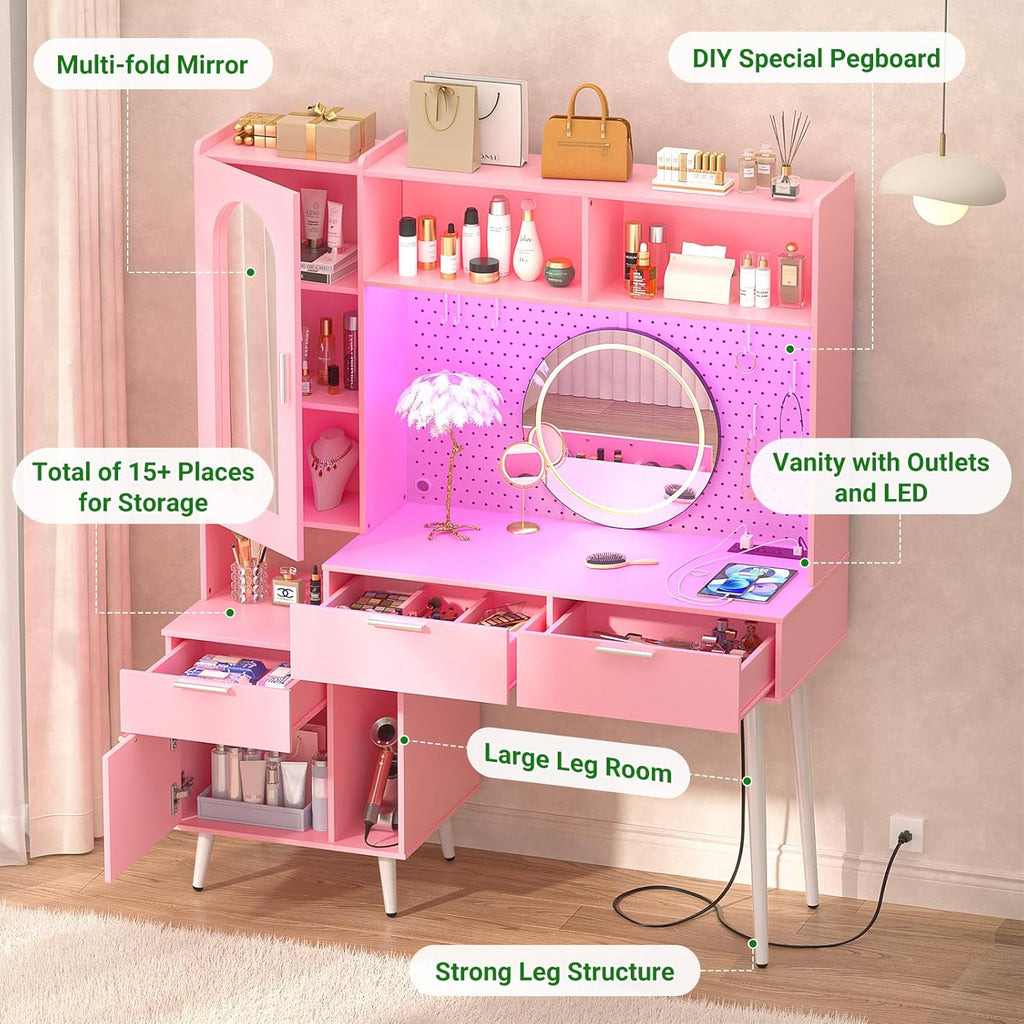 48 Inch Pink Vanity Desk with Mirror, LED Light, Charging Station, Drawers, Cabinet, Pegboard, Shelves, Storage Hutch A1405