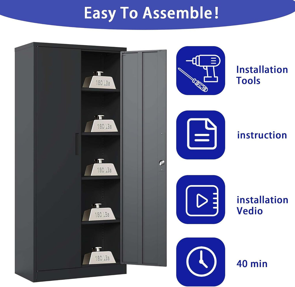Black Metal Garage Storage Cabinet with Doors and 4 Shelves N9312