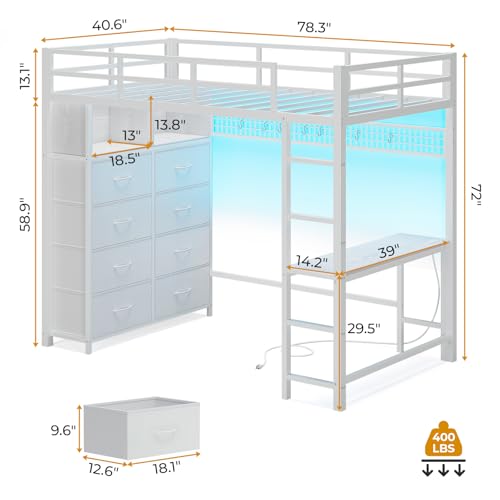 Twin Size Metal Loft Bed with Desk and 8 Storage Drawers, White H9393