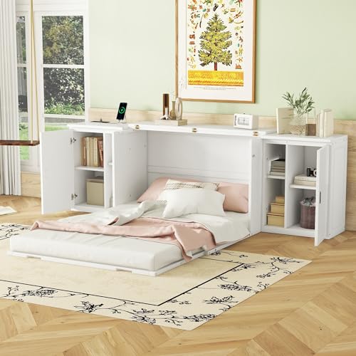 White Queen Size Murphy Cube Bed with Bookcase and Storage Shelves G5964