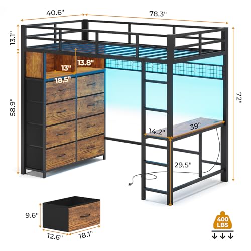 Twin Size Metal Loft Bed with Desk and 8 Storage Drawers, White H9393