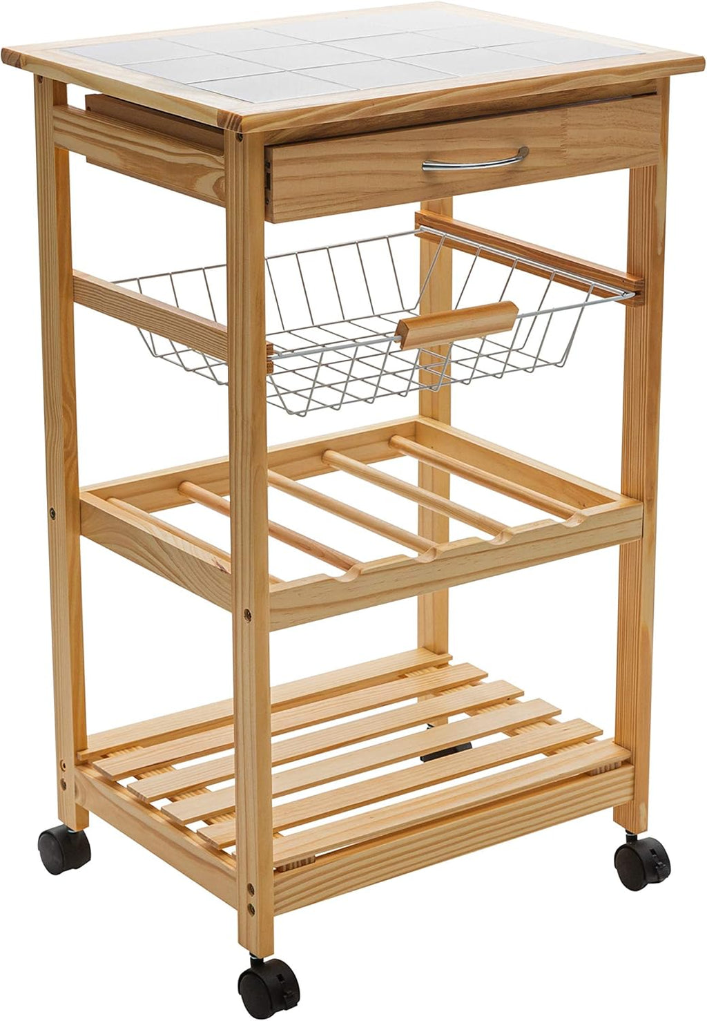 Natural Pinewood Mobile Kitchen Cart with Tile Top V795087