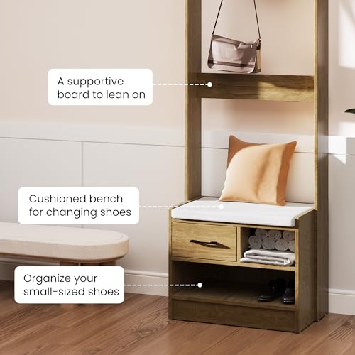 White Wood Hall Tree with Bench and Coat Rack C7381