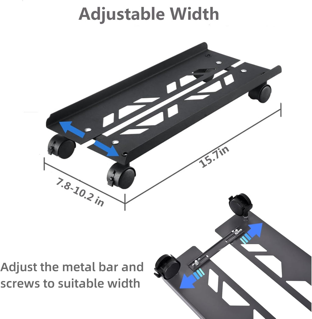 Black Adjustable Steel PC Tower Stand with 4 Locking Caster Wheels O1619