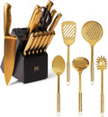 19 Piece Black and Gold Knife Set with Block Self Sharpening and Cooking Utensils Set K3755
