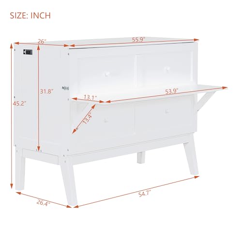 Full Size Murphy Bed with Desk, USB Port, and Shelves, White Wood Frame J83739