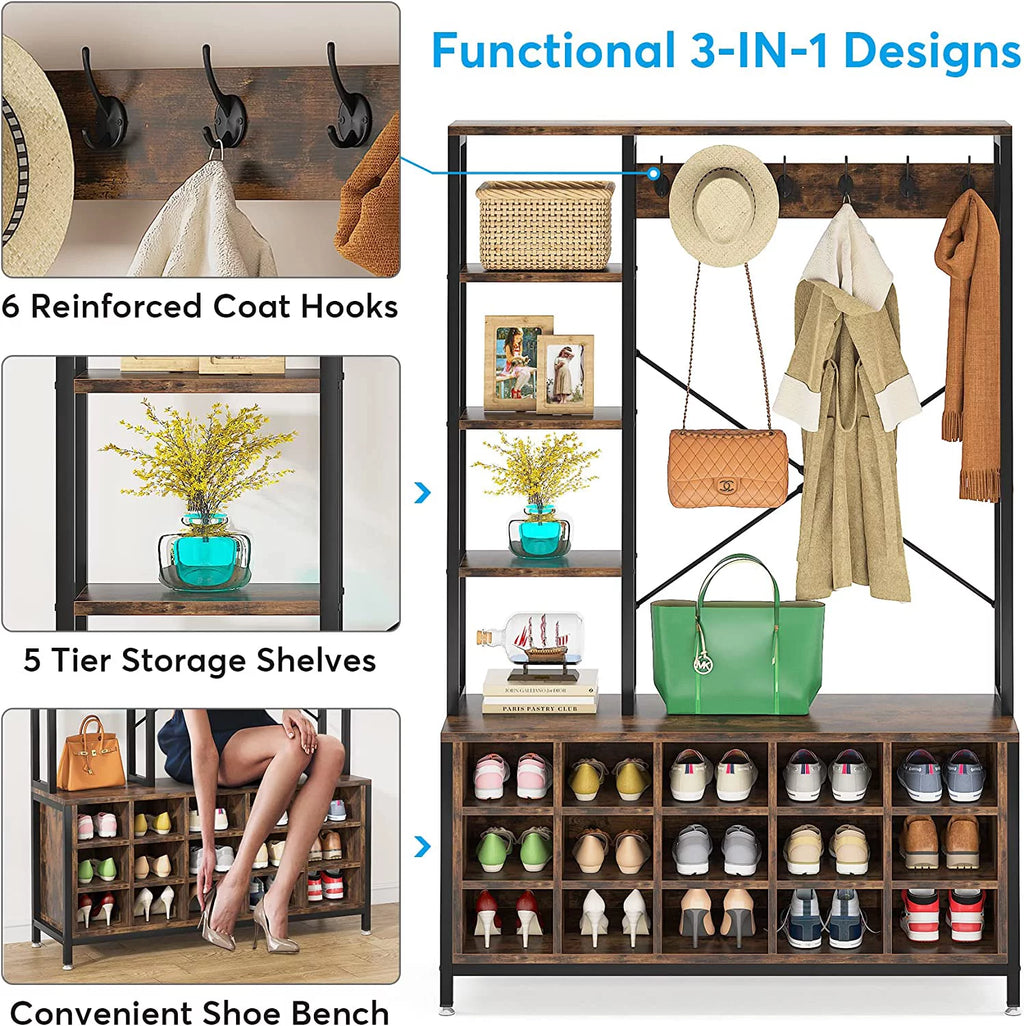 Industrial Hall Tree with Bench and Shoe Storage and Coat Rack P3012