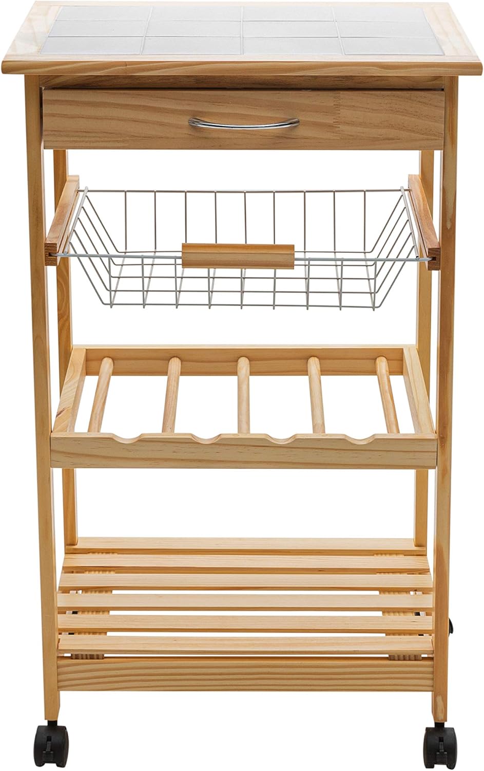Natural Pinewood Mobile Kitchen Cart with Tile Top V795087