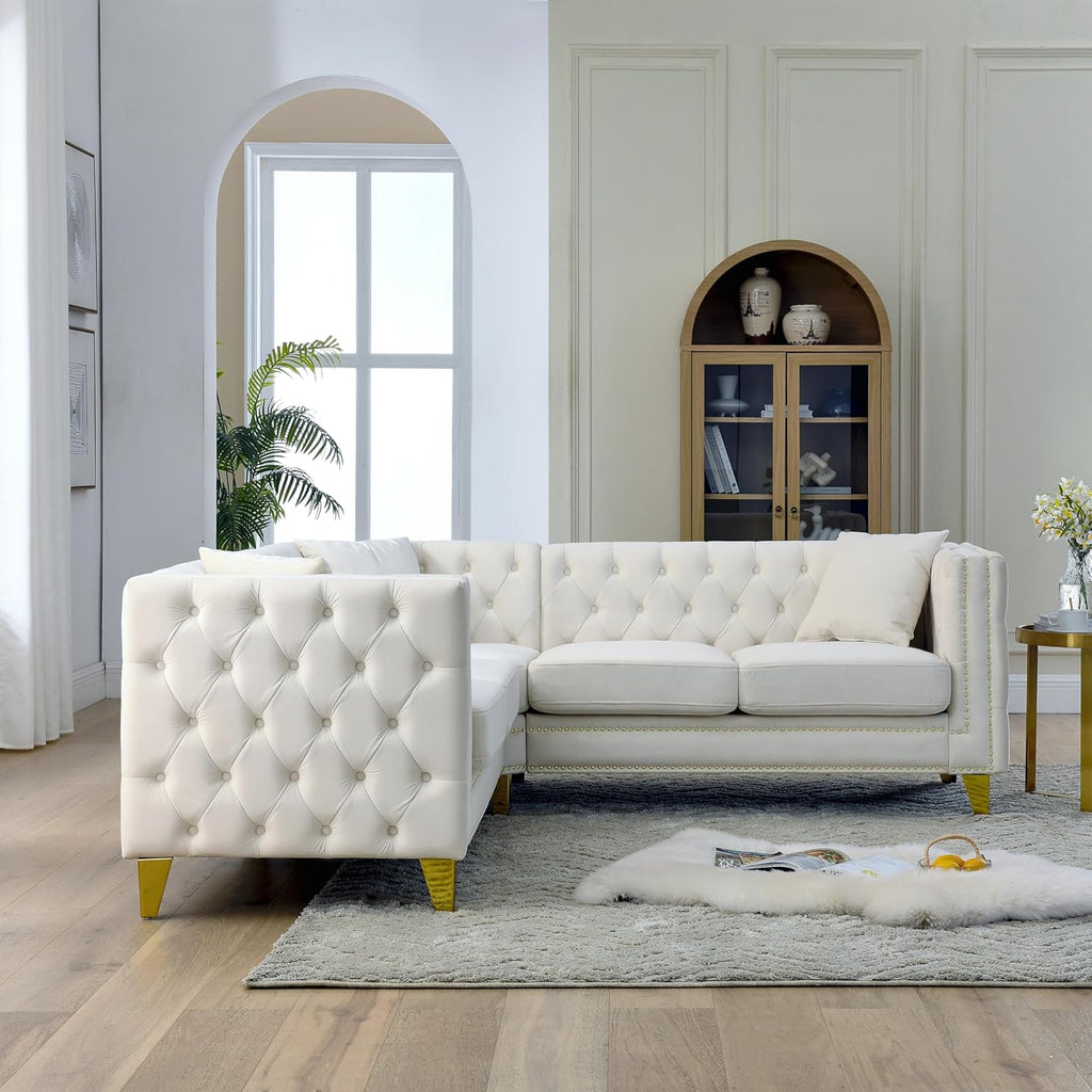 Beige Velvet L-Shaped Corner Sofa 5-Seater with 3 Cushions N6689