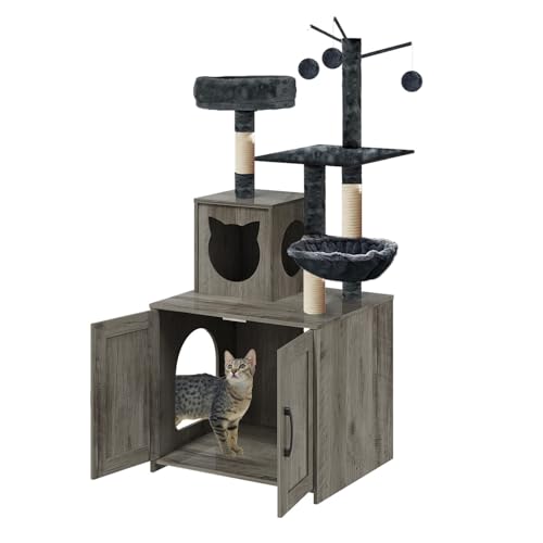 Grey Wood Cat Tree with Litter Box Enclosure A89987