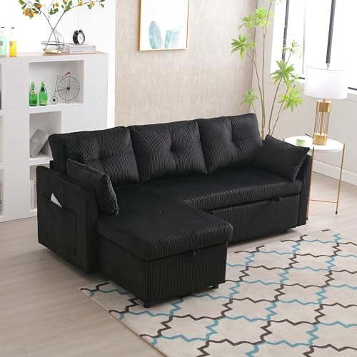 Beige Corduroy L-Shaped Sofa Bed with Storage Chaise C339