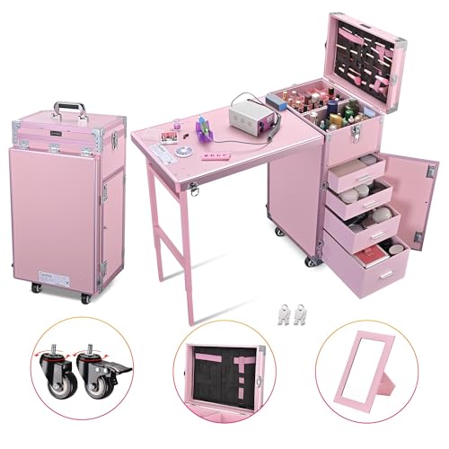 Pink Foldable Rolling Manicure Table with 4 Drawers T5849