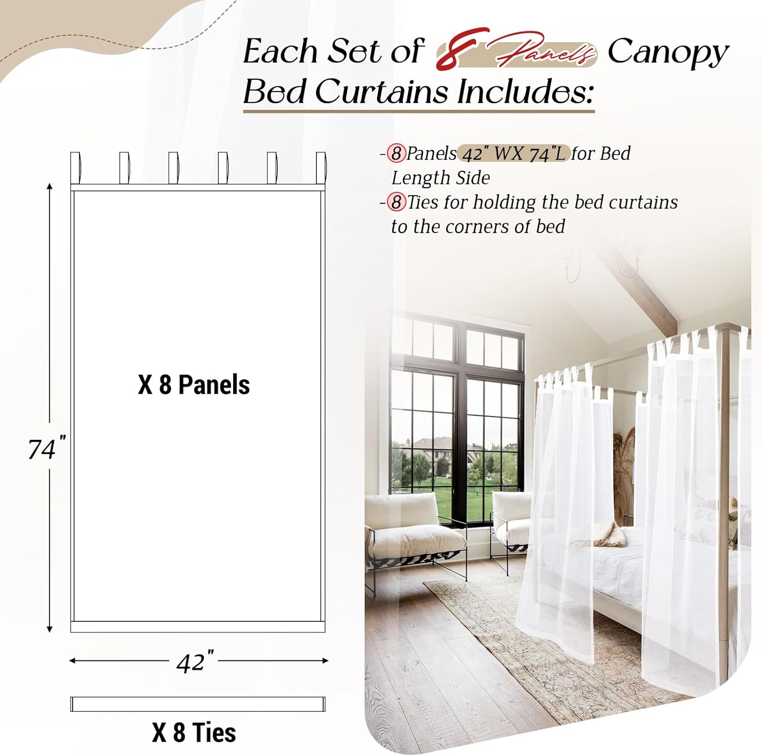 8 Panels White Sheer Canopy Curtains (42"x74") Z4851