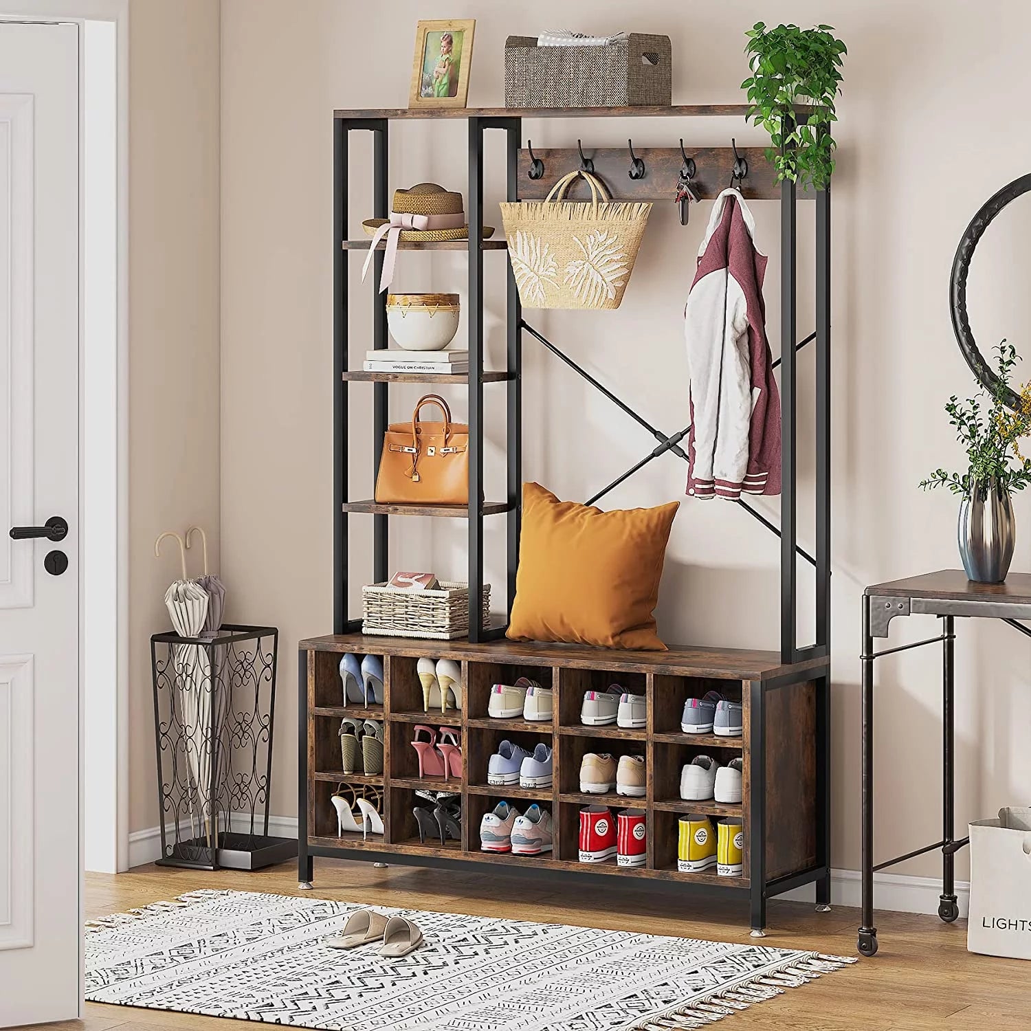 Industrial Hall Tree with Bench and Shoe Storage and Coat Rack P3012