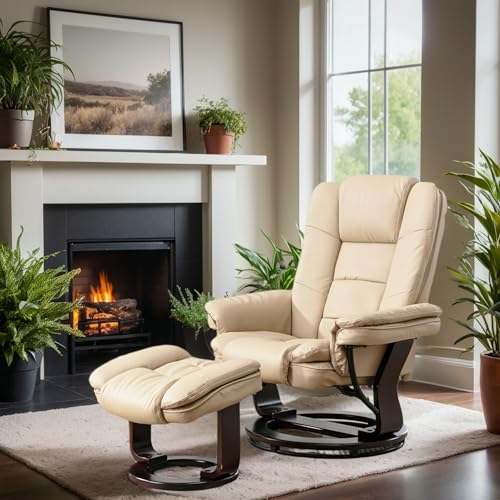 Beige Leather Swivel Recliner Chair with Ottoman T38279
