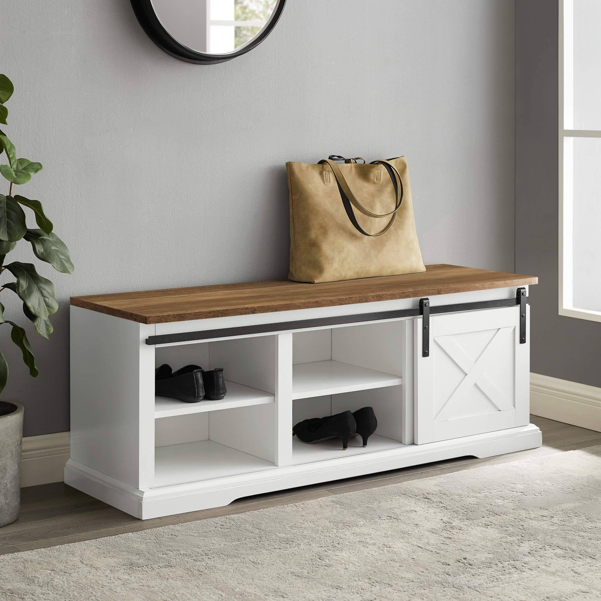 White Reclaimed Barnwood Sliding Barn Door Entry Bench G378
