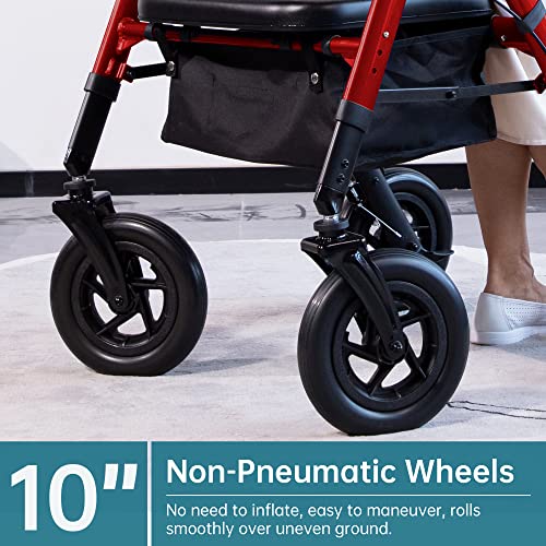 Heavy Duty All-Terrain Rollator Walker with Extra Wide Padded Seat and Backrest, 10" Non-Pneumatic Wheels, Red O17745