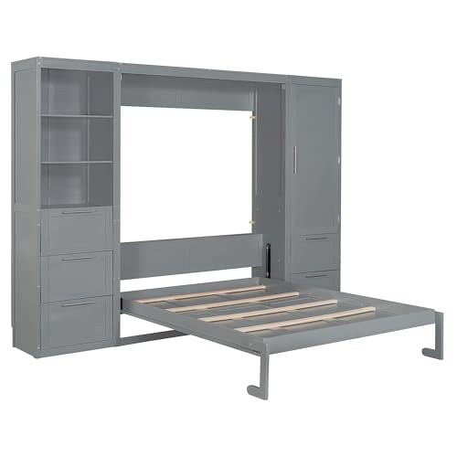White Queen Size Murphy Bed with Closet and Drawers Y83470