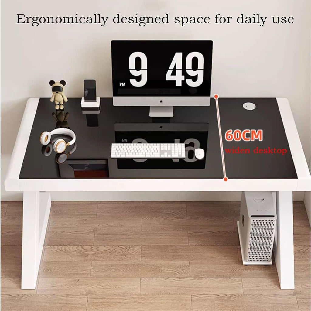 Black+White Tempered Glass Computer Desk with Keyboard Tray T582