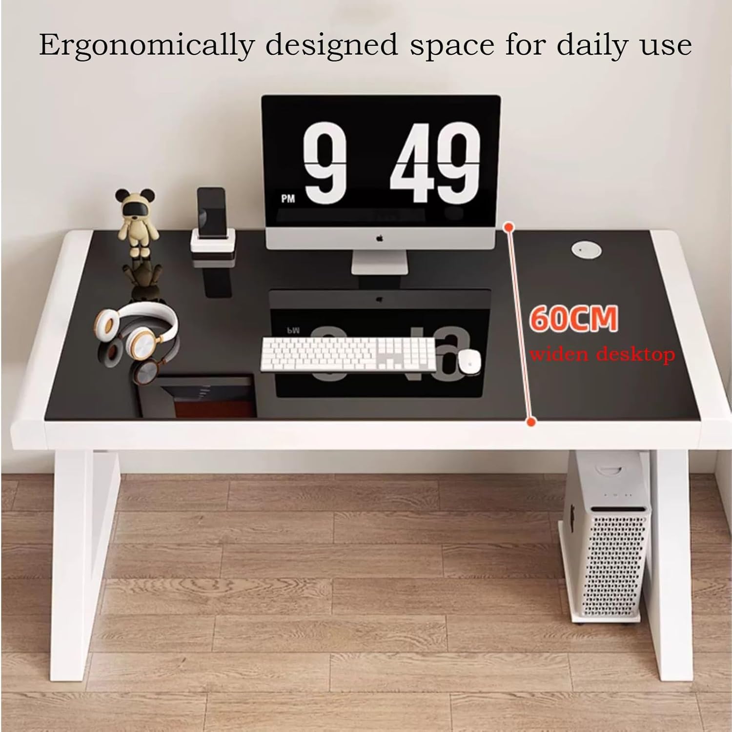 Black+White Tempered Glass Computer Desk with Keyboard Tray T582