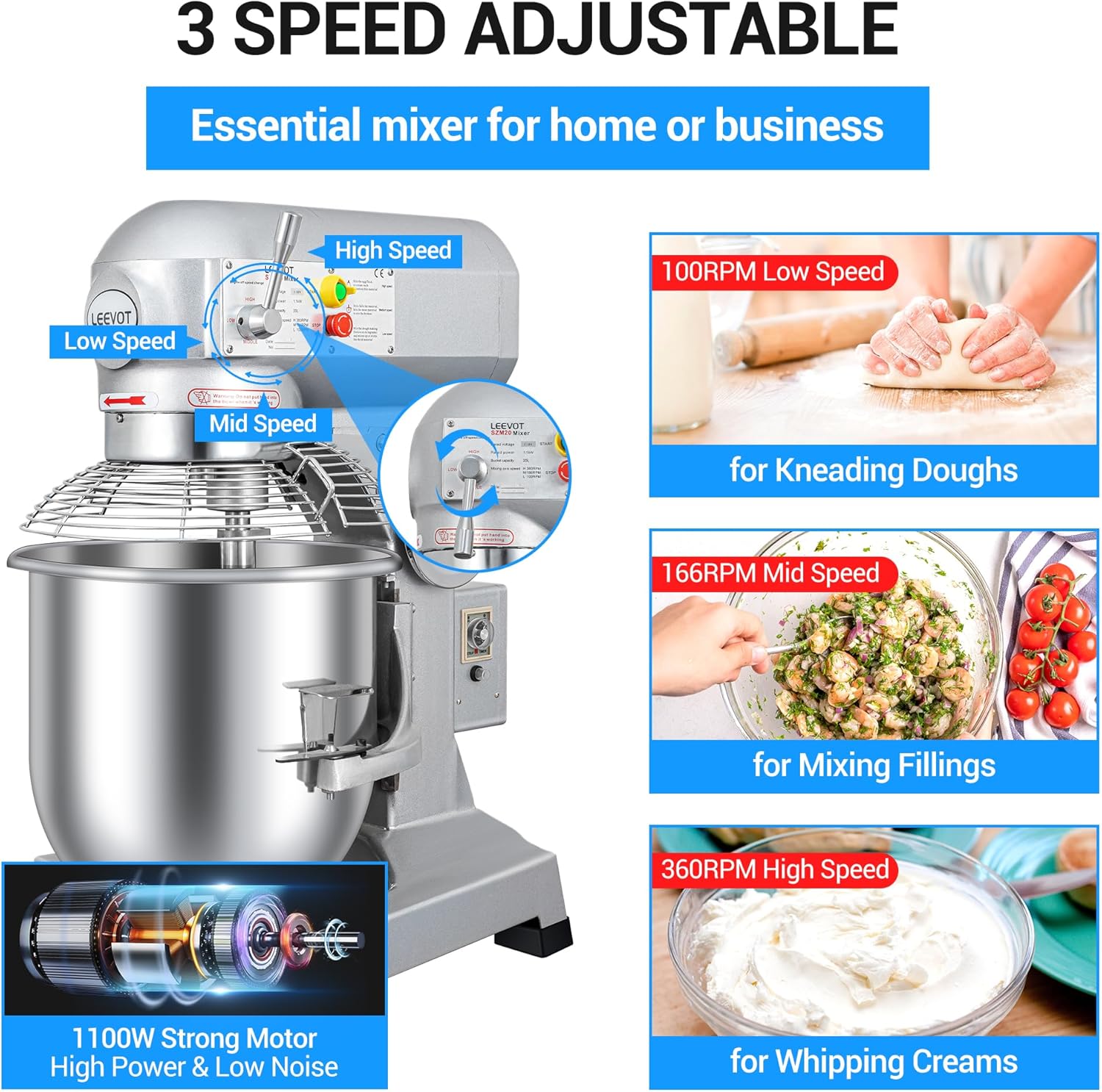 20Qt 1100W Commercial Stand Mixer with Stainless Steel Bowl D349