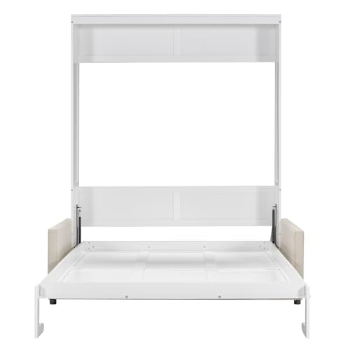 White Queen Size Wooden Murphy Bed with Cushion and Sofa Q89833