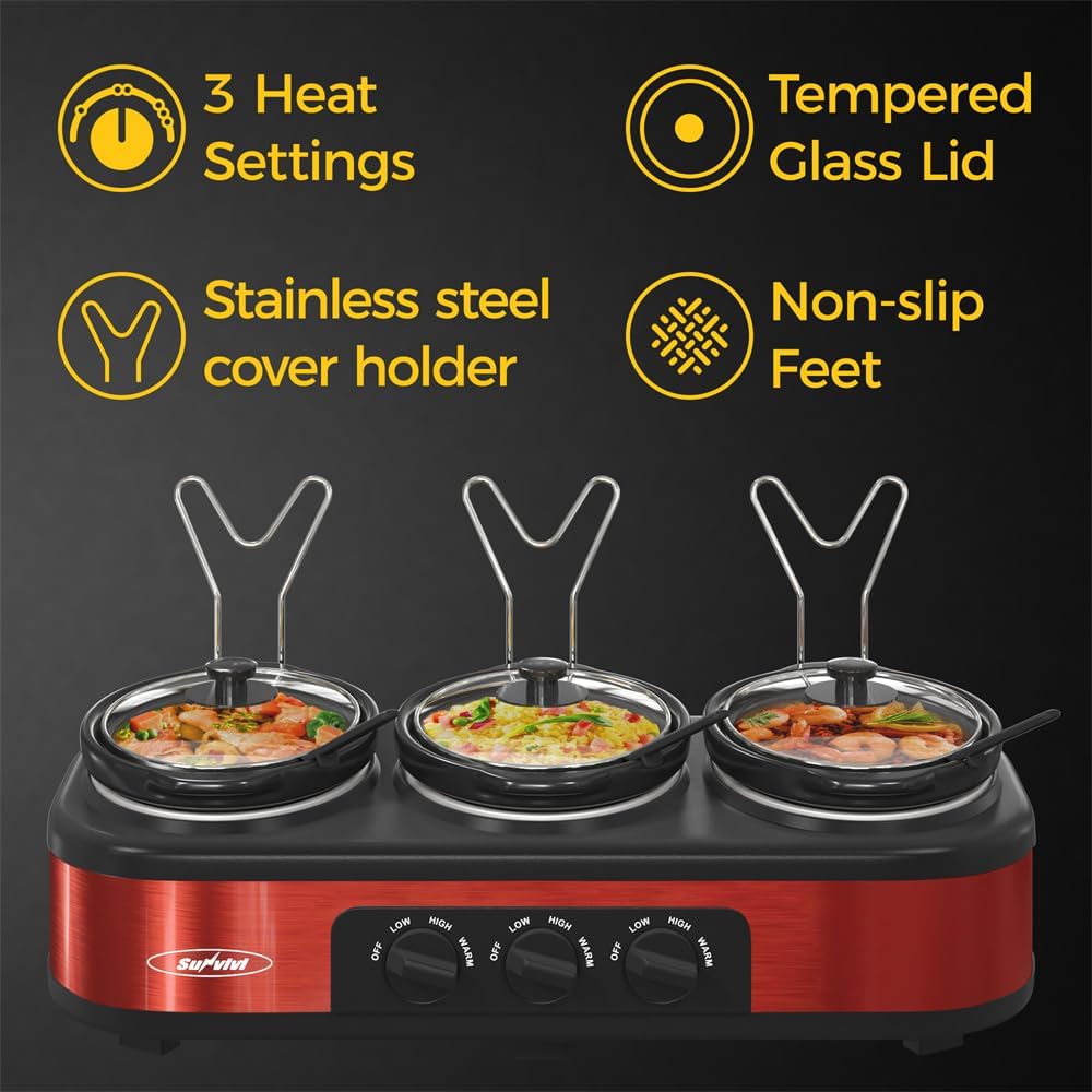Red Triple Slow Cooker, 3 x 1.5 Quart, Stainless Steel, 4.5 QT F172292