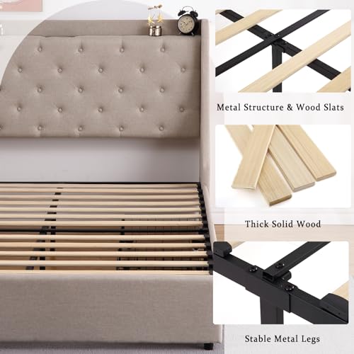 Full Size Upholstered Platform Bed with Button Tufted Storage Headboard and 4 Storage Drawers D33693