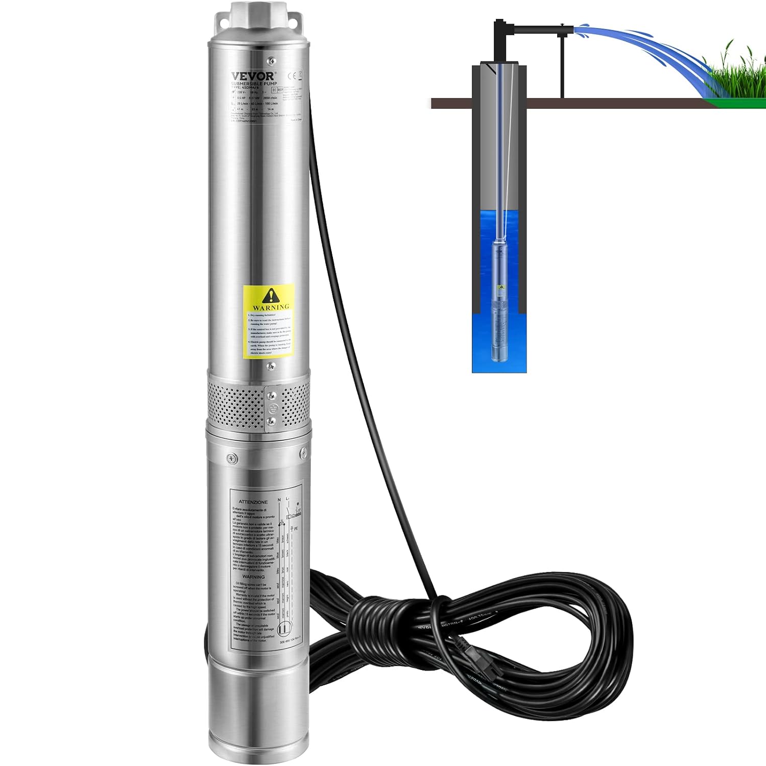 1HP 37gpm 207ft 0.5HP 28gpm 167ft Head 4" Stainless Steel Submersible Pump R724