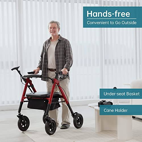 Heavy Duty All-Terrain Rollator Walker with Extra Wide Padded Seat and Backrest, 10" Non-Pneumatic Wheels, Red O17745