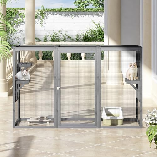 Grey Wooden Cat Cage with 3 Platforms and Litter Box M7863