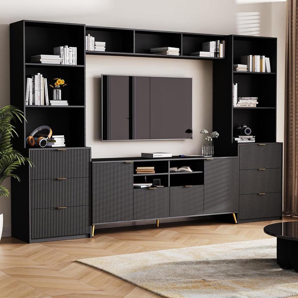 Black 4-Piece TV Stand with 13 Shelves, 8 Drawers and 2 Cabinets P58347