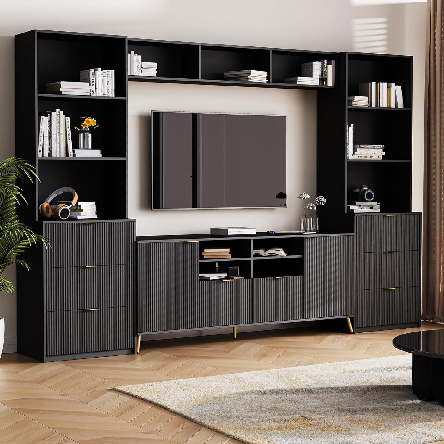 Black 4-Piece TV Stand with 13 Shelves, 8 Drawers and 2 Cabinets P58347
