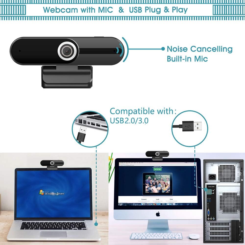 4K Webcam with Microphone 8MP USB 1080P Privacy Cover Mini Tripod Pack of 2 E932336