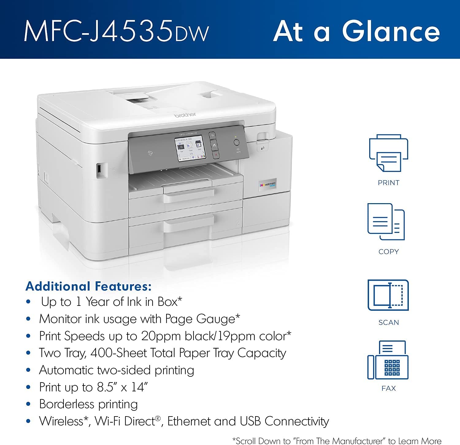 Color Inkjet Printer with NFC, Auto 2-Sided Printing, Print Scan Copy Fax, Wireless, White G883817