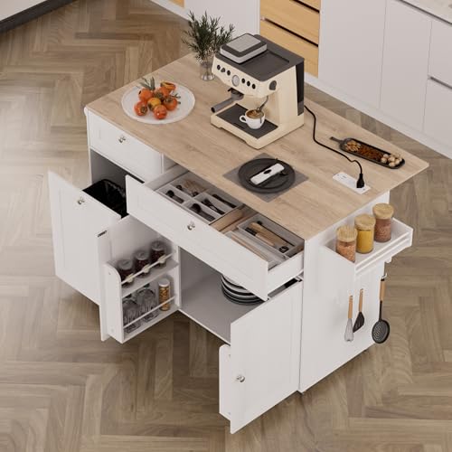 White Rolling Kitchen Island with Drop Leaf and Power Outlet Y441