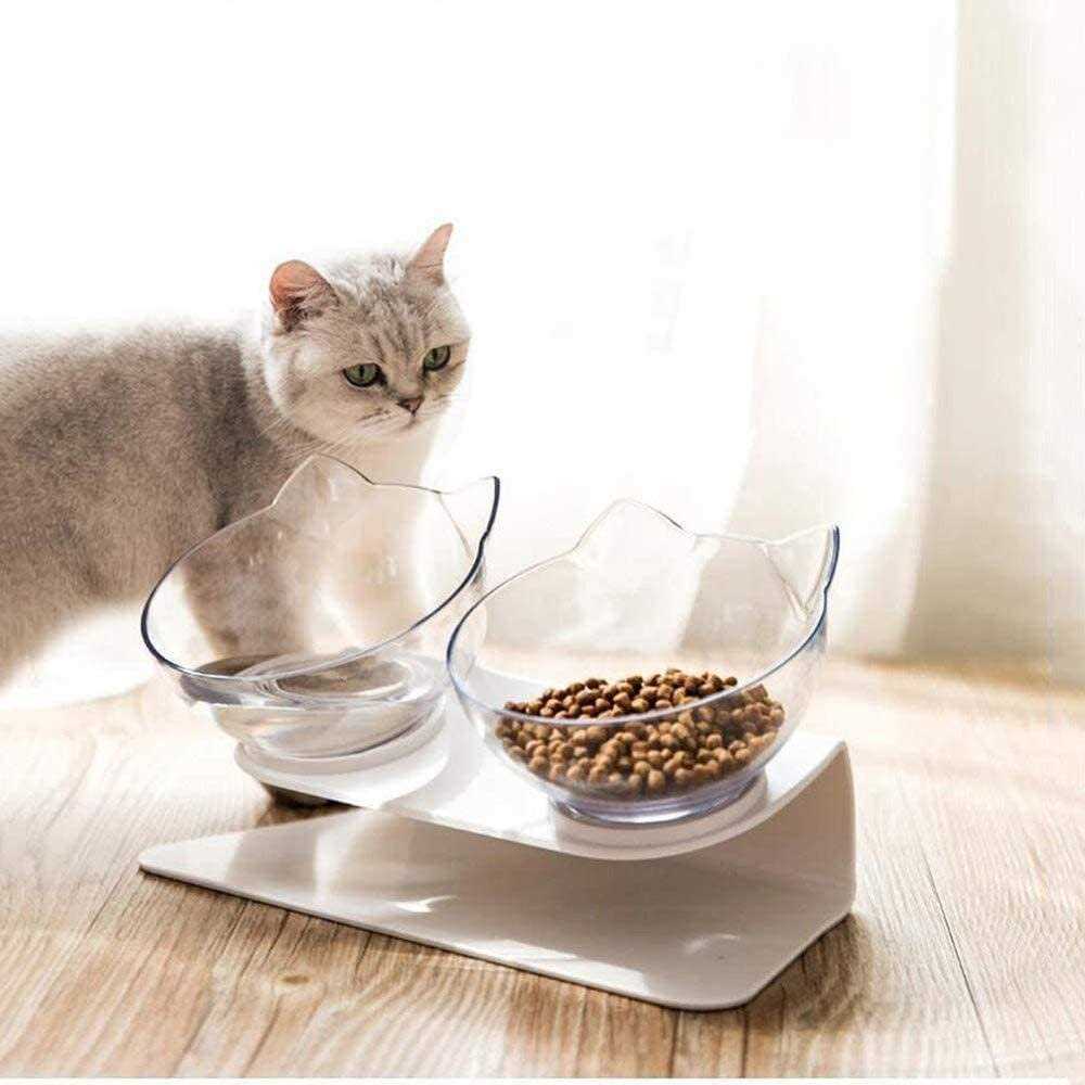 Raised Cat Bowl with Stand 15 Tilted Cat Bowls Elevated Cat Bowl Double Cat Bowls Plastic Transparent Cat Feeding Bowl Q752423