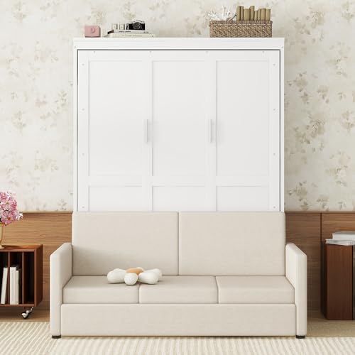 White Queen Size Wooden Murphy Bed with Cushion and Sofa Q89833
