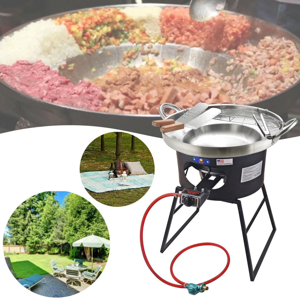 23" Heavy Duty Stainless Steel Concave Comal Set With Cast Iron Propane Burner Stove and Burner Stand W424