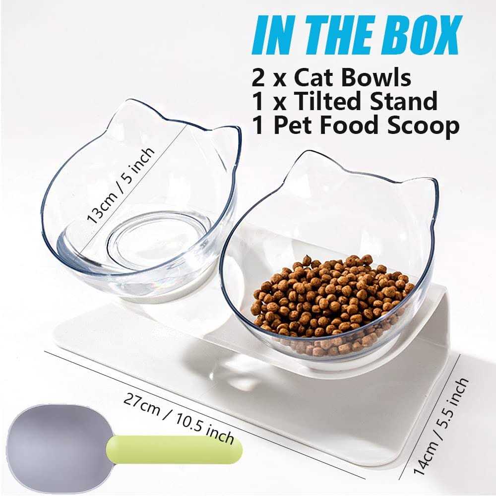 Raised Cat Bowl with Stand 15 Tilted Cat Bowls Elevated Cat Bowl Double Cat Bowls Plastic Transparent Cat Feeding Bowl Q752423