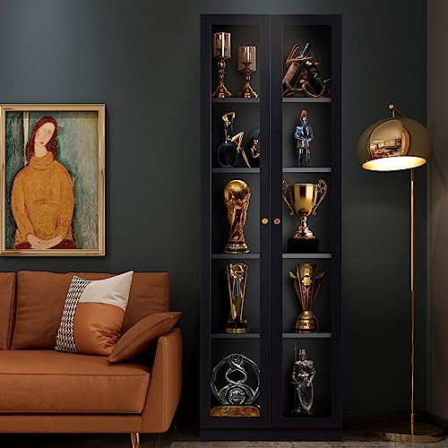 Black Metal 2 Door Glass Curio Cabinet with Adjustable Shelves 5 Tier Bookcase F79649
