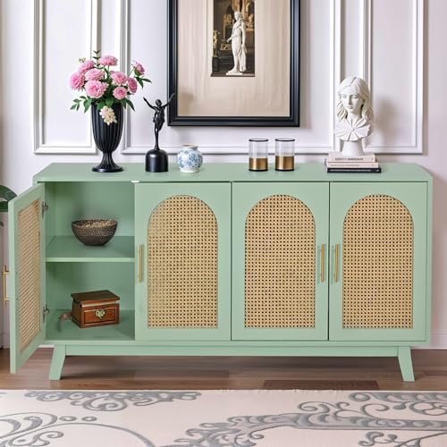 Mint Green Sideboard Storage Cabinet with Rattan Decorated 4 Doors E30599