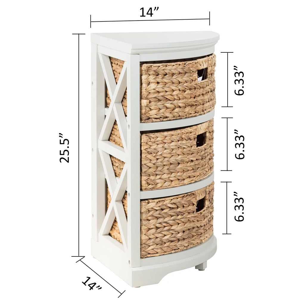 3 Tier Corner Storage Cabinet with 3 Natural Wicker Baskets, White R440