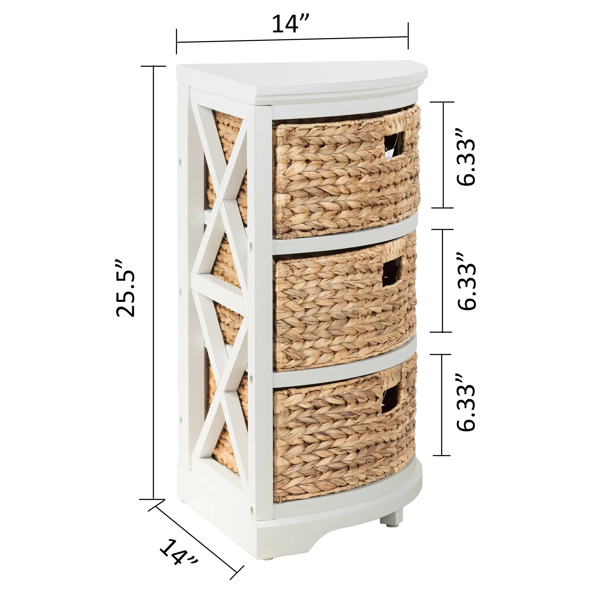 3 Tier Corner Storage Cabinet with 3 Natural Wicker Baskets, White R440