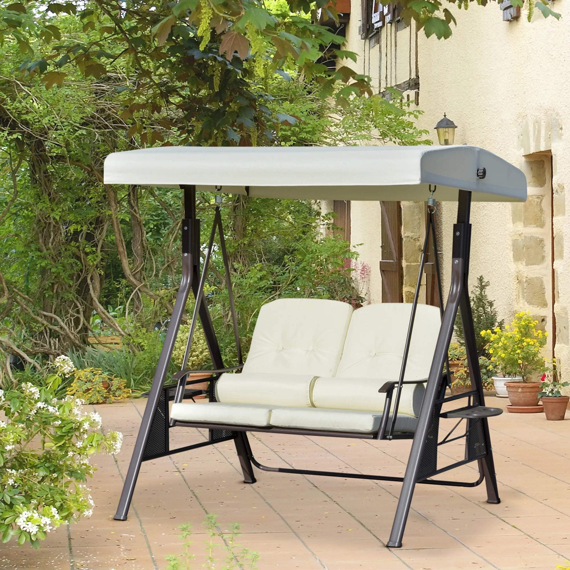Beige 2-Person Patio Swing Bench with Canopy I2932
